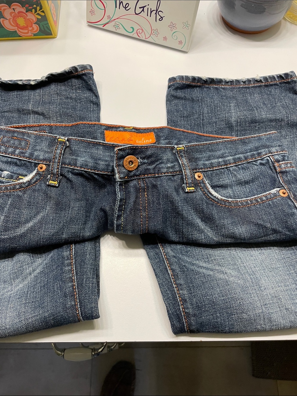 Women’s Boot Cut Jeans in Dark Blue Denim with Orange Trim